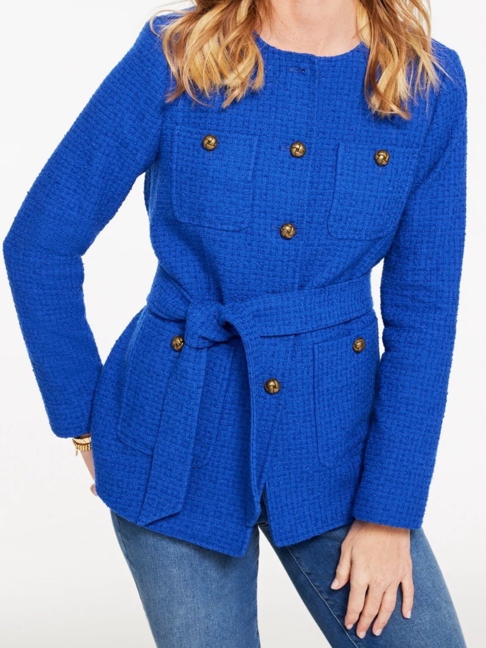 NWT Talbot’s Women’s Cobalt Blue Tweed Tie-Waist Jacket Blazer - Size 8 - Picture 1 of 16